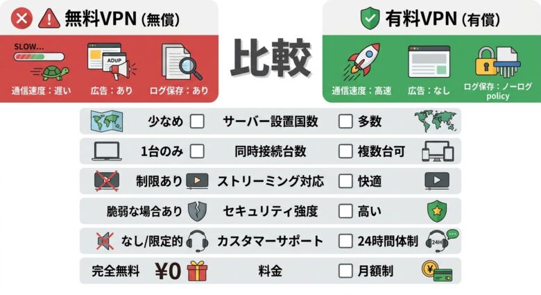 無料VPNと有料VPNの違い